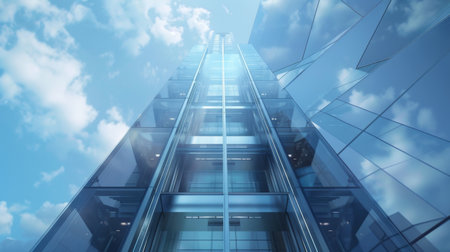 Close-up of a glass elevator ascending the exterior of a sleek high-rise buildingの素材