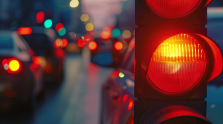Close-up of a red traffic light signaling a halt to the flow of vehicles, contributing to congestionの素材