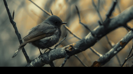 Close-up of a bird perched on a tree covered in soot from air pollution, illustrating its impact on wildlifeの素材