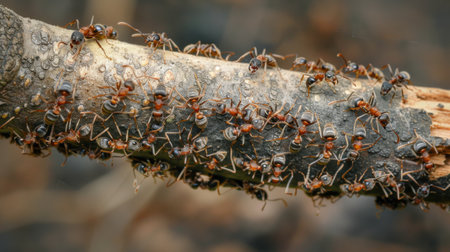 Close-up of a colony of ants marching in unison along a branch, displaying teamwork and cooperationの素材