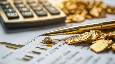 Close-up of a calculator and pen on a financial report, calculating the value of gold holdings in an investment portfolioの素材