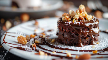Close-up of a decadent chocolate dessert, drizzled with caramel and sprinkled with nutsの素材
