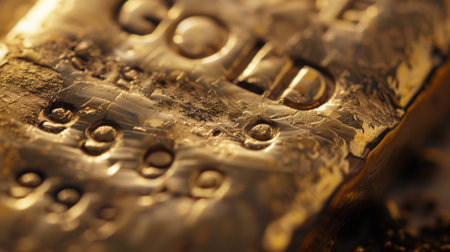 Close-up of a gold bullion bar stamped with purity and weight, representing tangible wealth and financial securityの素材