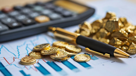 Close-up of a calculator and pen on a financial report, calculating the value of gold holdings in an investment portfolioの素材
