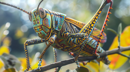 Close-up of a grasshopper perched on a twig, its intricate patterns and colors blending with the surroundingsの素材