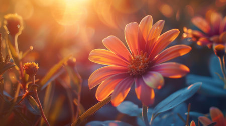 Close-up of a blooming flower unfolding its petals under the gentle touch of sunrise, embracing the new dayの素材