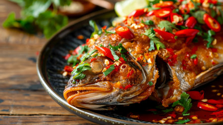 Close-up of a plate of crispy fried fish topped with sweet chili sauce and aromatic herbsの素材