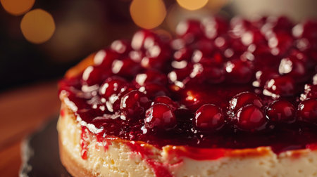 Close-up of a creamy cheesecake topped with luscious fruit compote, a dessert lovers' dreamの素材