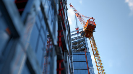 Close-up of a crane lifting construction materials against the backdrop of a rising skyscraper -の素材
