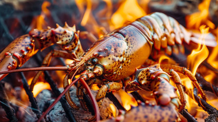 Close-up of a freshly caught lobster being grilled to perfection over an open flame, showcasing seafood indulgenceの素材