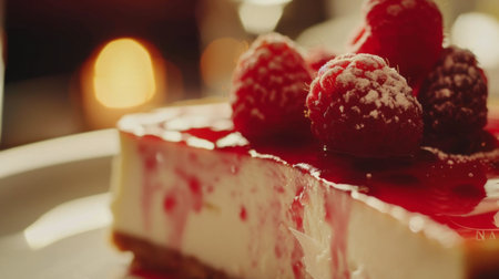 Close-up of a creamy cheesecake topped with luscious fruit compote, a dessert lovers' dreamの素材