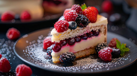 Close-up of a delicious slice of cake adorned with fresh berries, perfect for indulging in sweet momentsの素材