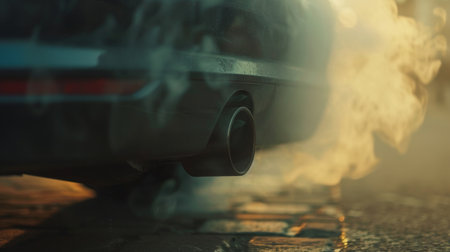 Close-up of a car's exhaust pipe emitting black smoke, symbolizing the contribution of vehicles to air pollutionの素材