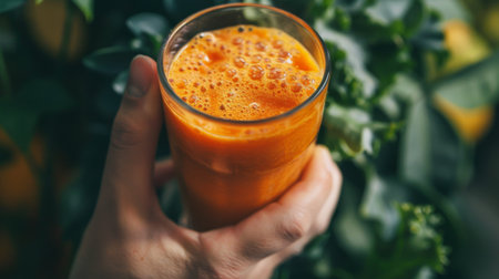 Close-up of a hand holding a glass of freshly blended fruit juice, showcasing the beauty of natural ingredientsの素材