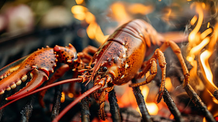 Close-up of a freshly caught lobster being grilled to perfection over an open flame, showcasing seafood indulgenceの素材