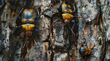 An insect photographer capturing the beauty of beetles crawling on tree bark, showcasing their diverse formsの素材