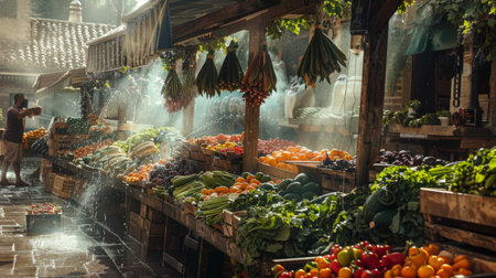 An outdoor market stall with fresh produce glistening under a fine mist of water, inviting customers to taste the freshnessの素材