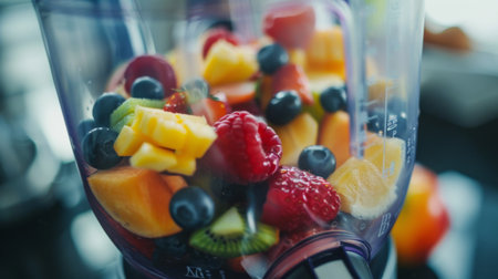 Close-up of a blender filled with a medley of fruits, hinting at the delicious concoctions to comeの素材