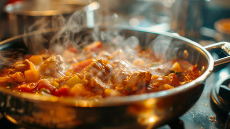 Close-up of a bubbling pot of curry stir-fry simmering on the stove, promising a flavorful meal aheadの素材