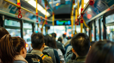 Close-up of a crowded bus interior with passengers standing shoulder-to-shoulder, a common sight in urban trafficの素材