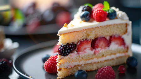 Close-up of a delicious slice of cake adorned with fresh berries, perfect for indulging in sweet momentsの素材