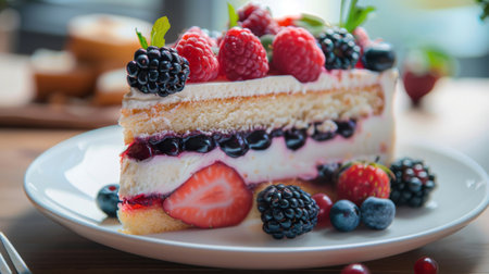 Close-up of a delicious slice of cake adorned with fresh berries, perfect for indulging in sweet momentsの素材