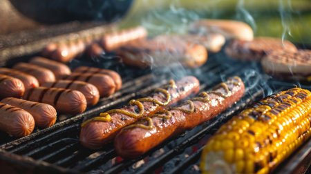 An outdoor barbecue with grilled hot dogs, burgers, and corn on the cob, capturing the essence of summerの素材