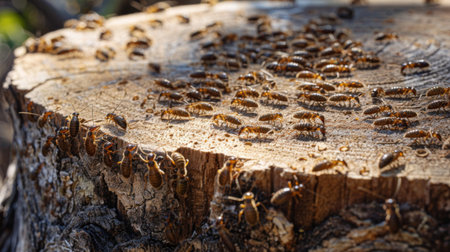 Close-up of a colony of termites infesting a decaying tree stump, illustrating the cycle of decompositionの素材
