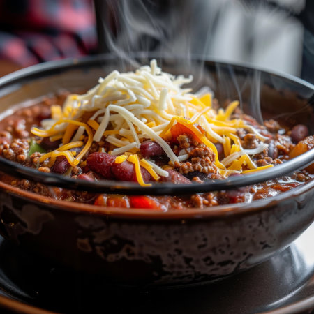 Close-up of a steaming bowl of chili topped with shredded cheese and Jobの素材