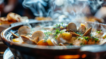 Close-up of a steaming bowl of rich seafood chowder, brimming with clams, fish, and potatoesの素材
