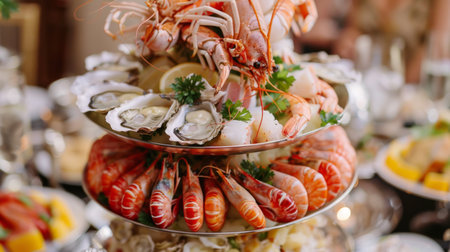Close-up of a seafood tower centerpiece filled with chilled shrimp, oysters, crab claws, and lobster tails, a symbol of opulenceの素材