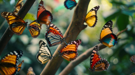 Close-up of colorful butterflies perched on tree branches, adding beauty to the natural landscapeの素材