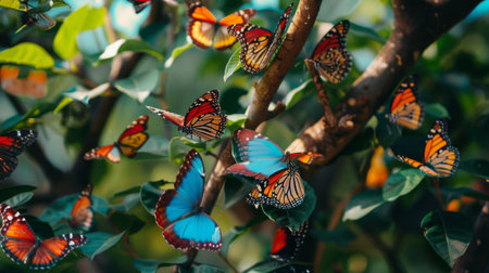 Close-up of colorful butterflies perched on tree branches, adding beauty to the natural landscapeの素材