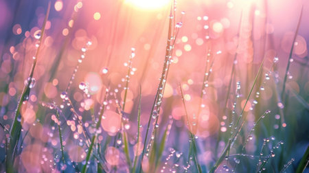Close-up of dew-kissed grass under the gentle glow of sunrise, capturing the beauty of morning tranquilityの素材