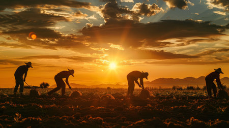 Farmers bent over in the fields, their silhouettes etched against the setting sun, embodying the resilience and fortitude of those who till the earth.の素材