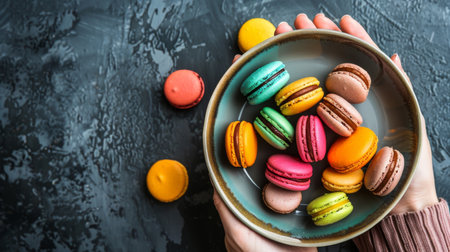 Hands holding a plate of colorful French macarons, offering a taste of sweetness and eleganceの素材
