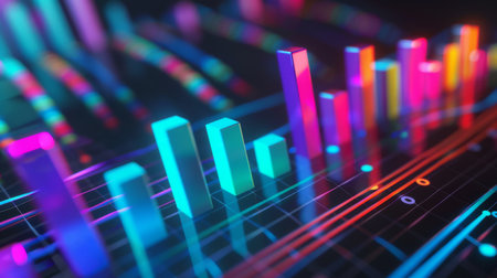 Colorful bar charts and line graphs representing financial data, illustrating the performance and trajectory of a successful business.の素材