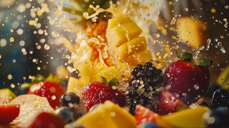 Dynamic motion blur as fruits are pulverized into delicious smoothies, enticing the sensesの素材