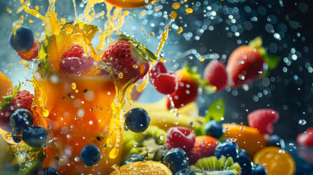 Dynamic motion blur as fruits are pulverized into delicious smoothies, enticing the sensesの素材
