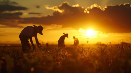 Farmers bent over in the fields, their silhouettes etched against the setting sun, embodying the resilience and fortitude of those who till the earth.の素材