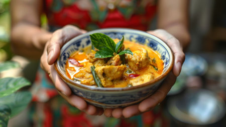 Hands holding a bowl of comforting curry stir-fry, offering a taste of Thailand's rich culinary heritageの素材