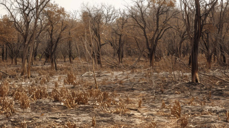 Faded, brown vegetation in a once-lush forest, highlighting the devastation of drought on ecosystemsの素材