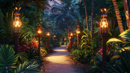 Glowing torches lighting a pathway through a tropical garden, casting a warm and welcoming light for evening strolls in paradise.の素材