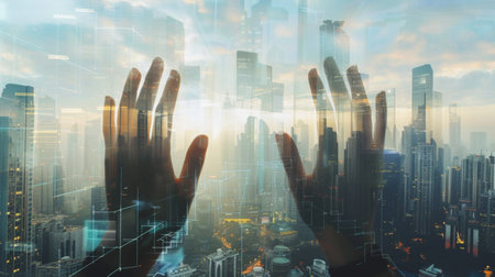 Hands gesturing towards a futuristic cityscape filled with innovative skyscraper designsの素材