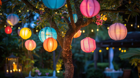 Colorful paper lanterns hanging from a tree, illuminating a garden party with their soft, ambient light and adding a touch of whimsy to the atmosphere.の素材