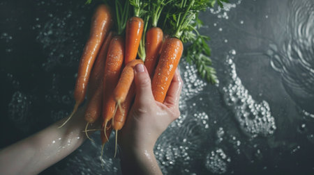 Hands holding a bunch of freshly washed carrots, showcasing the simple yet essential act of food preparationの素材