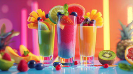 Glasses brimming with colorful fruit smoothies, evoking a sense of joy and vitalityの素材