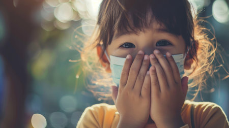 Hands covering a child's face to protect from polluted air, highlighting the vulnerability of young lungsの素材