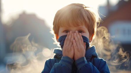 Hands covering a child's face to protect from polluted air, highlighting the vulnerability of young lungsの素材