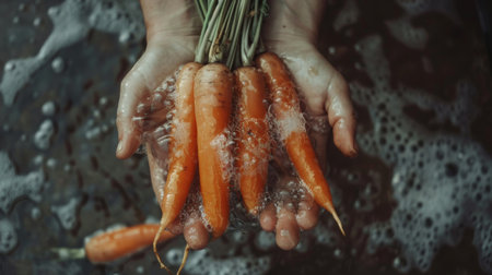 Hands holding a bunch of freshly washed carrots, showcasing the simple yet essential act of food preparationの素材